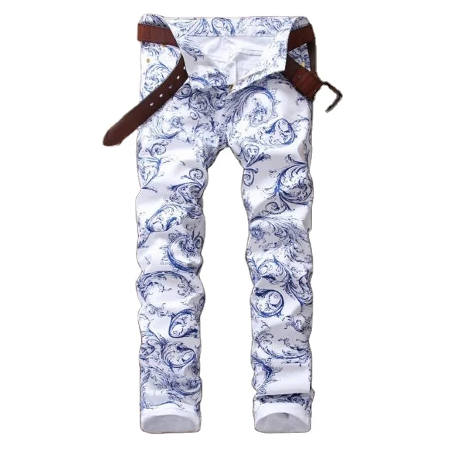 

Fit Mens Fashion Jeans Pencil Pants Printing White Men Jean Pants Hot Sale Customized High Quality Hip Hop Stretch Slim Softener