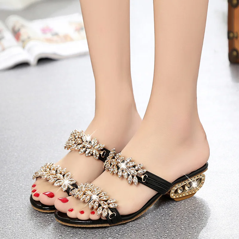 

2021 Spring hot style plus size women's shoes wear thick heel rhinestone fashion slippers female factory direct sales, Picture