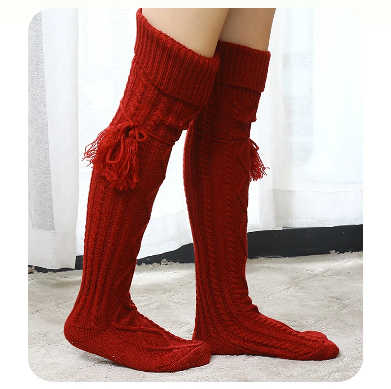 

Red Black Gray Winter Warm Thick Over Knee Scrunch Slouch Long Knitted Stocking Socks Women, Dark red/black/white/gray