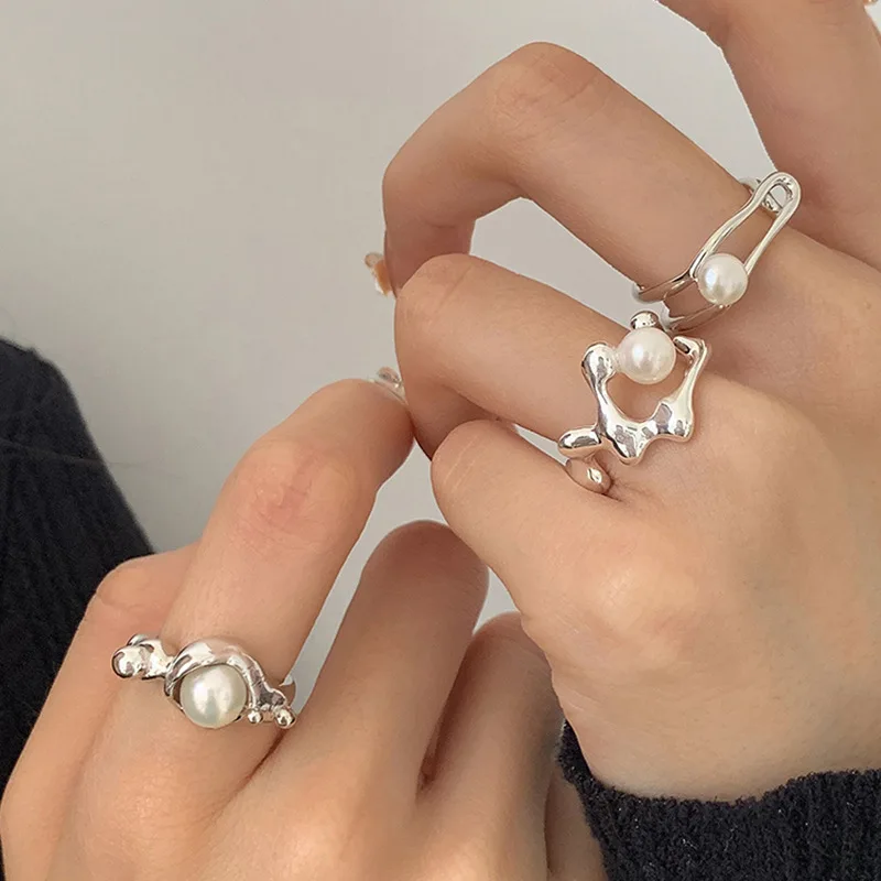 

French Style Baroque Pearl Ring Women Silver Plated Adjustable Opening Cuff Irregular Geometric Ring for Party Jewelry