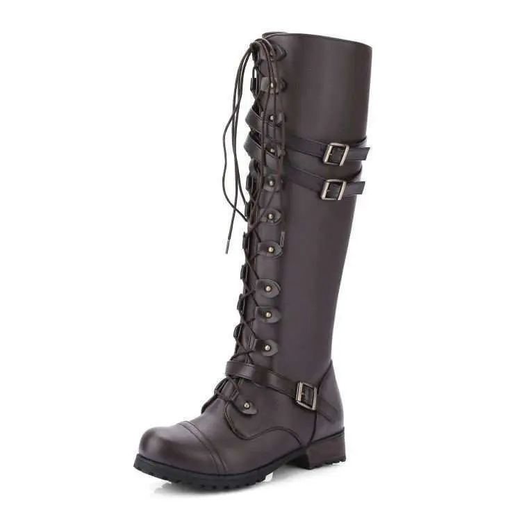 

2021 New Style Ladies Roman Boots Solid Color Round Head Cross Straps Belt Buckle Zipper Women Calf Boots