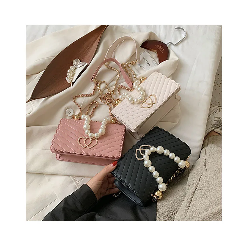 

Summer Fashion Pearls Chain Handbags For Women Luxury Wave Small Square Tote Bags Thread Messenger Purse Crossbody Bolsa Mujers