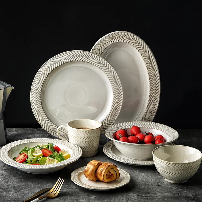 

Household Embossed Luxury dish bowl Japanese Flambed Glazed creative Nordic INS Ceramics Plates Dinnerware set