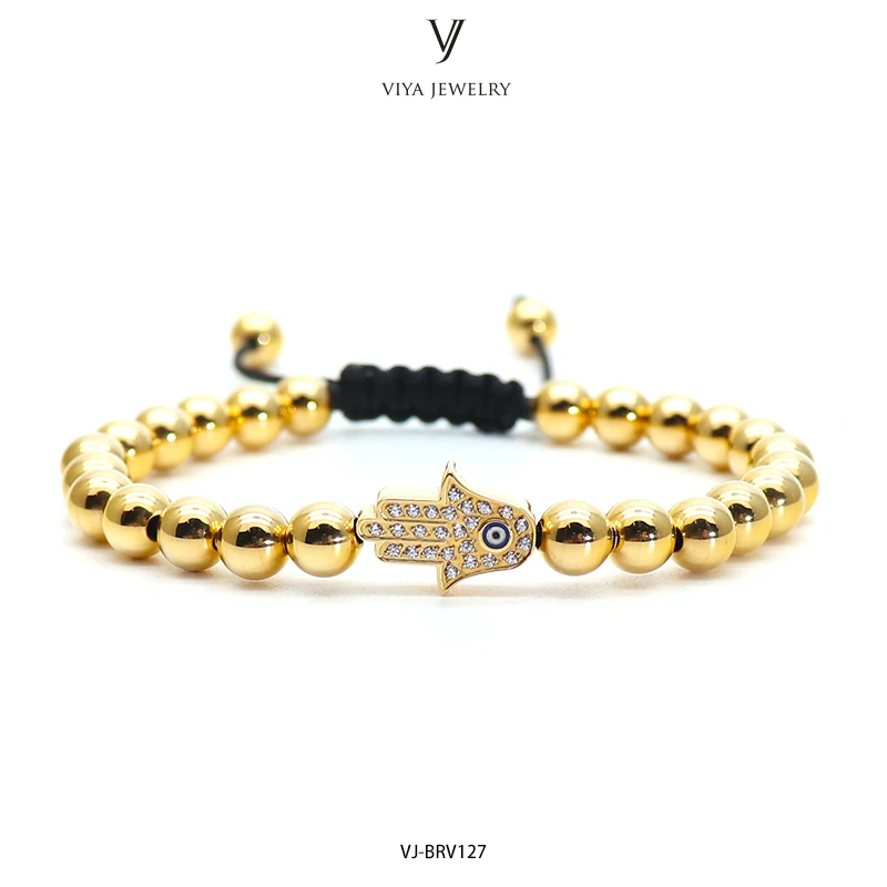 

Handmade Macrame Stainless Steel Beads Bracelet Lucky Eye Hamsa Hand Charm Beaded Bracelets, Gold color