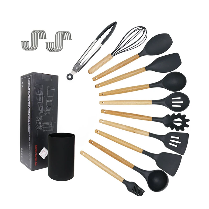 

11PCS Kitchen Accessories Silicone Wooden Cooking Utensil Set With Holder, Black/sky blue/khaki