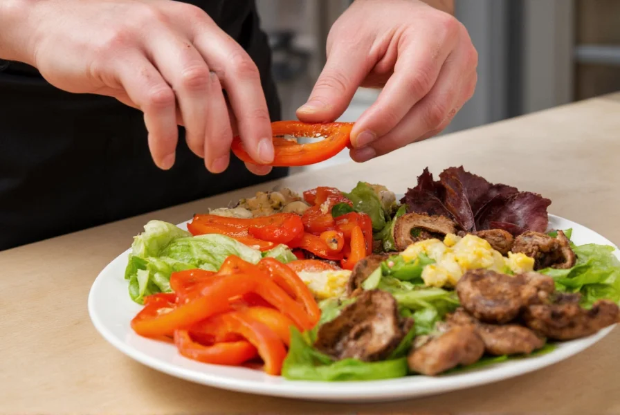 Chef preparing dish with peppadew peppers, showing them being sliced and added to a gourmet salad