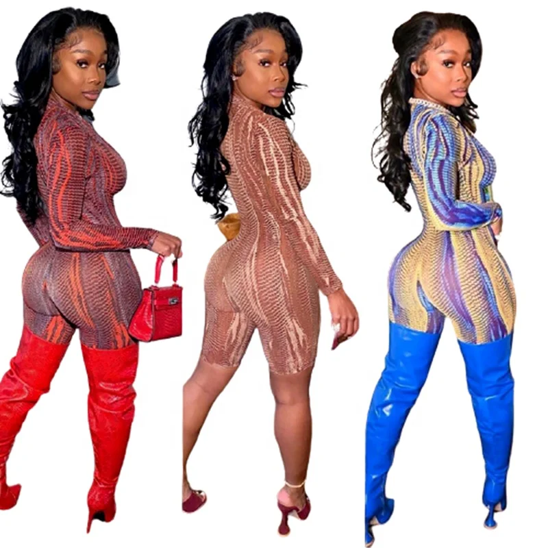 

Womens Long Sleeve Printed Zip Short Jumpsuit Romper Casual