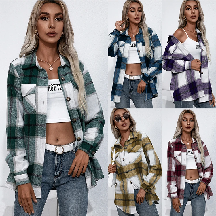 

Cheap Wholesale Latest Shirt Designs Ladies Plaid Flannel Shirt Spring Autumn Wool Women Plaid Flannel Shirt