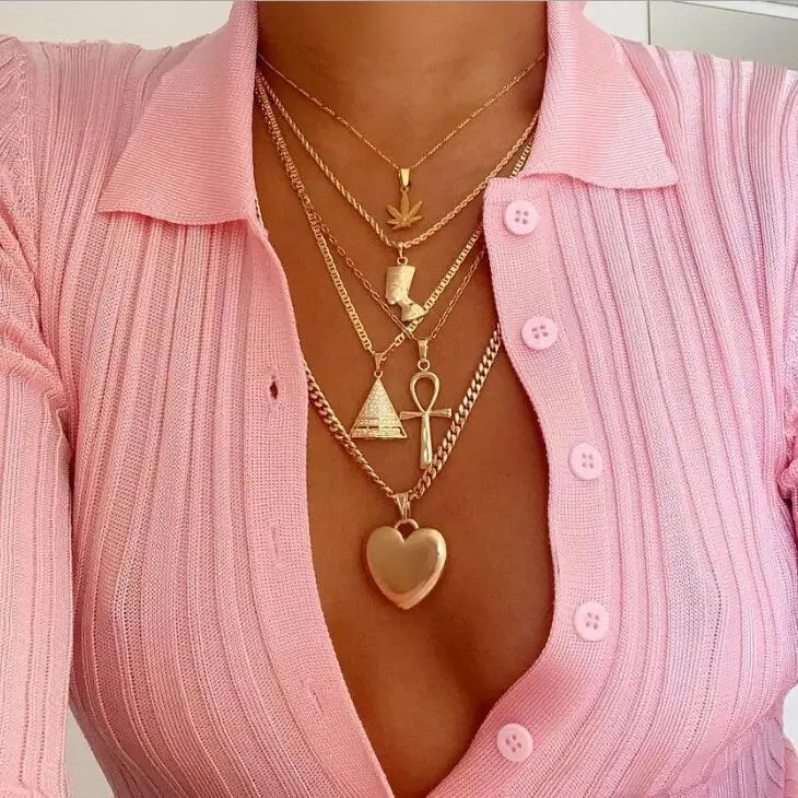

European Fashion Hotsale Multi Layered Cross Egypt Necklace Gold Plating Maple Leaf Heart Pendant Necklace