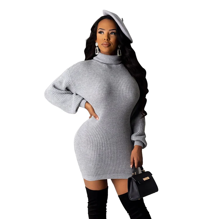 

High neck long sleeve ladies sweater knit dress winter solid color thick ladies skirt