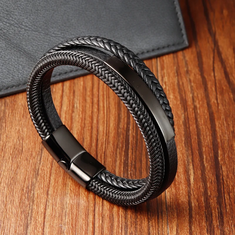 

Men Model Mens Accessory High Finish Custom Stainless Steel Braided Black Leather Bracelet For Men Father's day gift