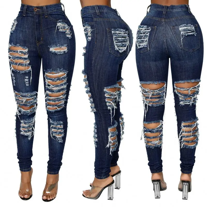 

Hot Sale Wholesale Dark Blue Ladies Jean Women Destroyed Skinny Denim Jeans High Waist Women Pants