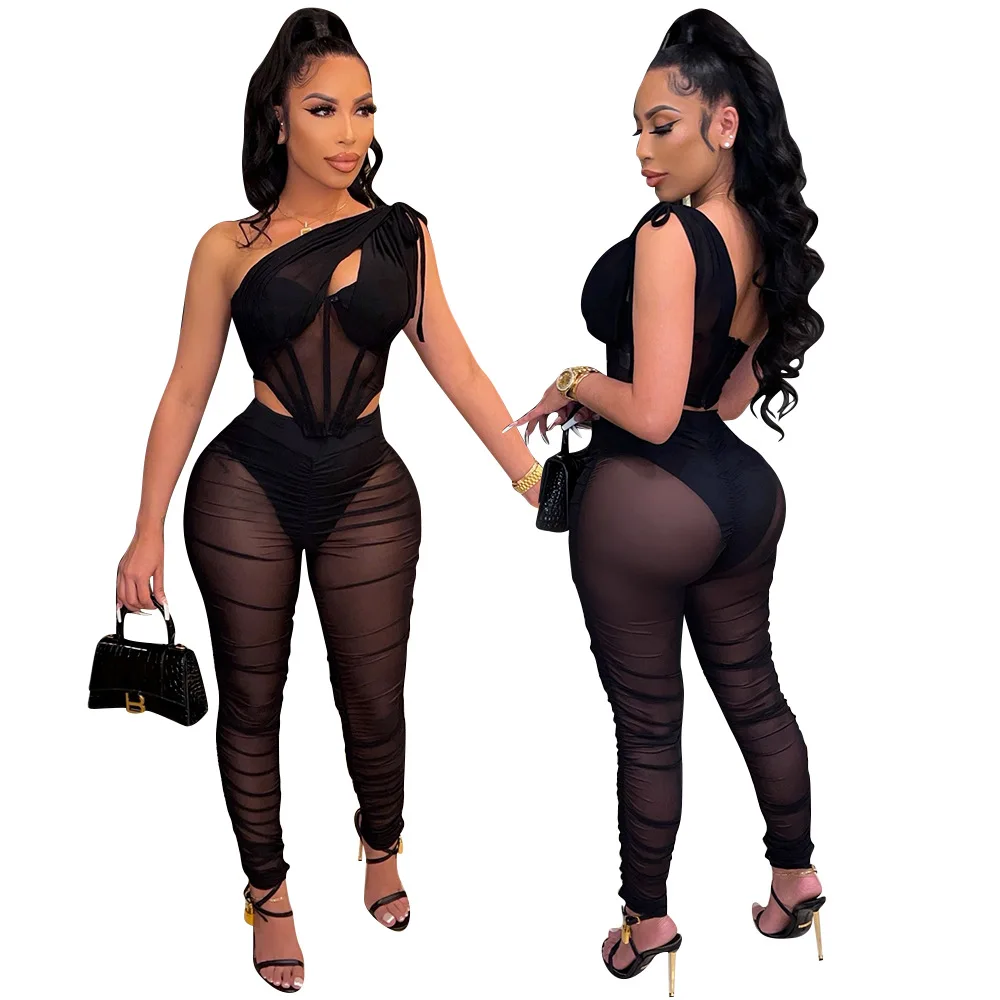 

2022 Women Summer Suit See Through Mesh Two Piece Pants Set Women One Shoulder Sleeveless Sexy Bodycon Mesh Women 2 Piece Set