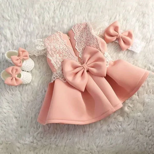 

Baby Dress Lace Fly Sleeve Bowknot Top And Ruffle Skirt With Hair Band, 2 color