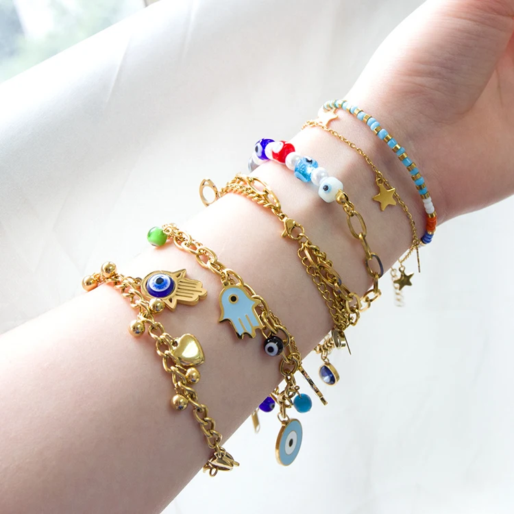 

G2097 Wholesale Turkish Devil's Eye Charm Bracelet Gold Plated Stainless Steel Hamsa Hand Devil Eyes Bracelets