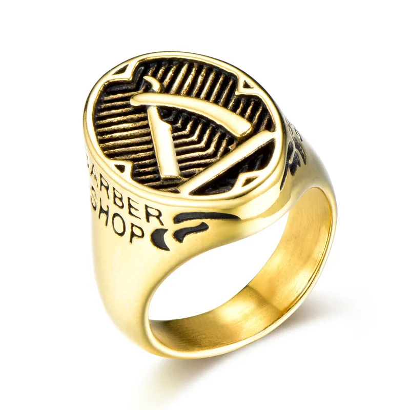 

2020 Black Hip Hop Gold Plated Men Barber's Razor Barber Shop Jewelry Vintage Stainless Steel Finger Ring For Man, Black,gold,silver