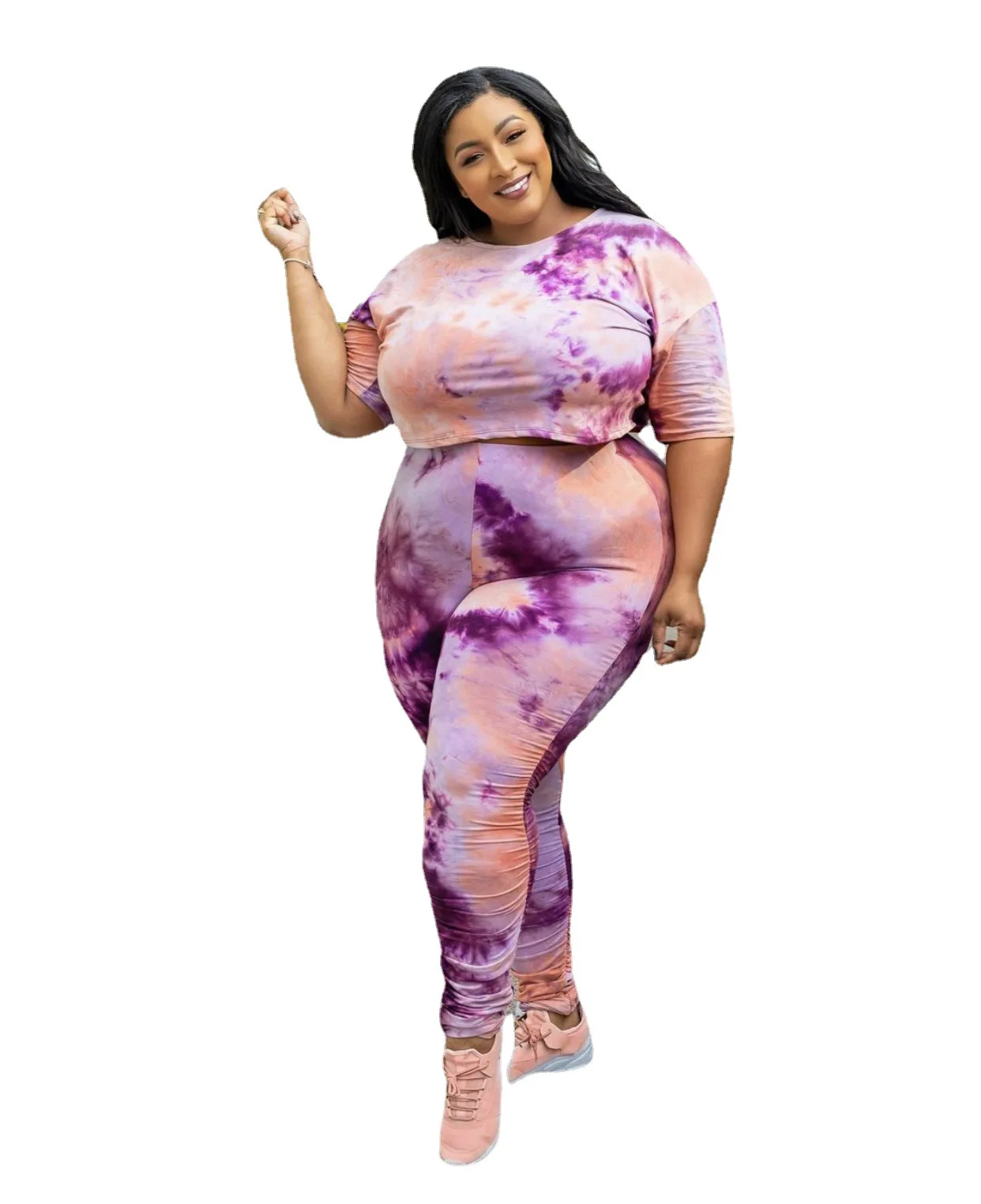 

Summer tie-dye printing two piece set manufacturers wholesale short sleeves large size women's drape tight elastic suit, 3 different color