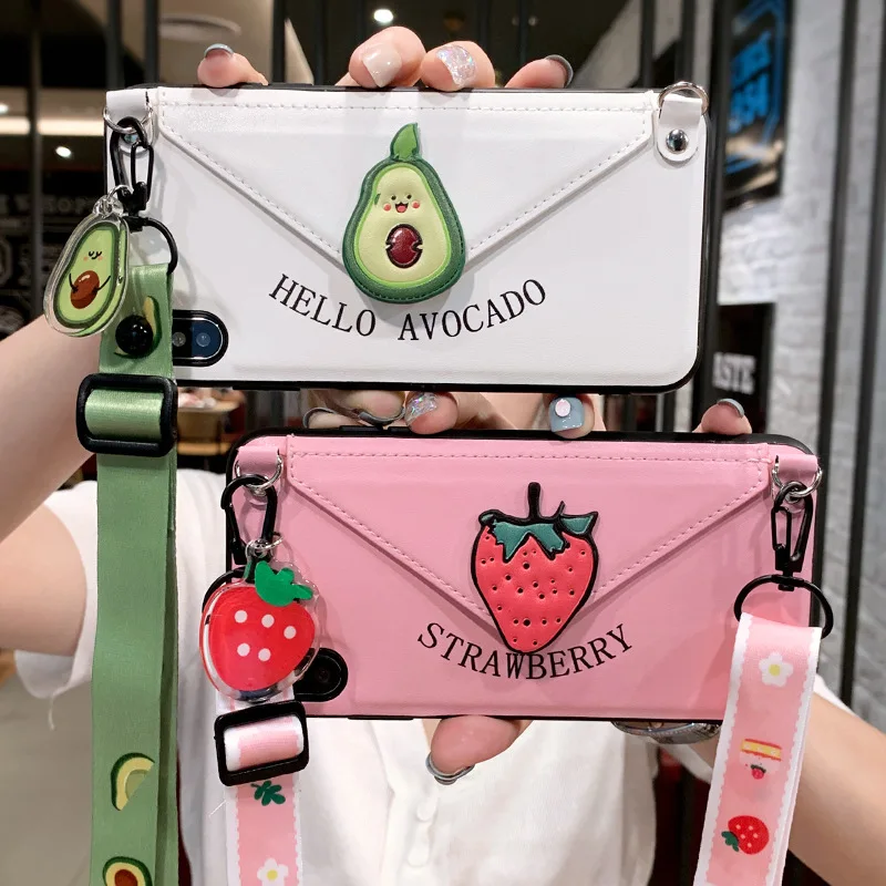 

leather tpu green avocado pink strawberry card slots envelope mobile phone case with shoulder strap for iphone 11 7 samsung s20