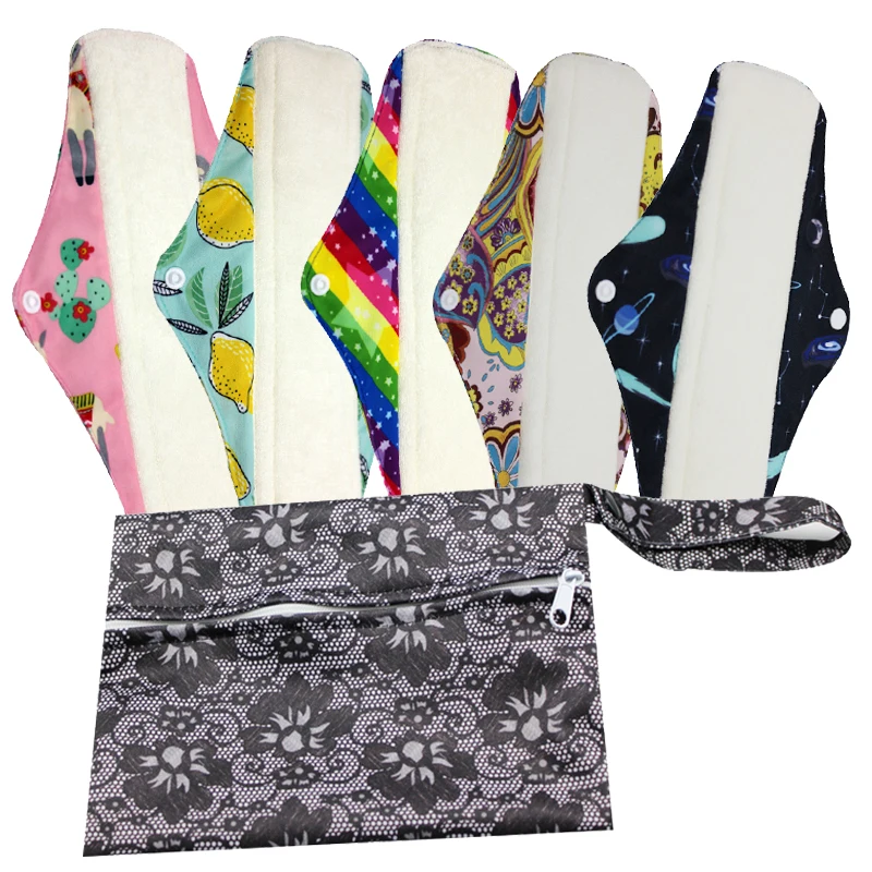 

5pcs Sanitary Napkin With Wet Bag Reusable Cloth pad Waterproof Menstrual Bag Washable Nappy Portable Bag Eco-friendly