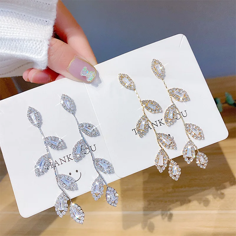 

DY Gold Silver Bulingbuling Tassel 3A Zircon Leaf Earrings for Bridal Wedding Jewelry, As pic shown