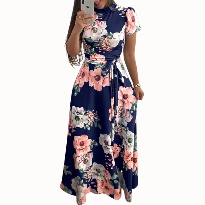 

Women Summer Dress 2019 Casual Short Sleeve Boho Floral Print Maxi Dress stand-collar Bandage Vestido Dresses