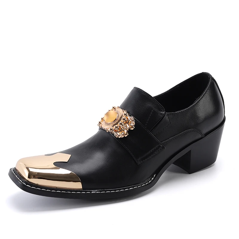 

Slip On Square Metal Toe High Heel Genuine Leather Men Oxford for Business