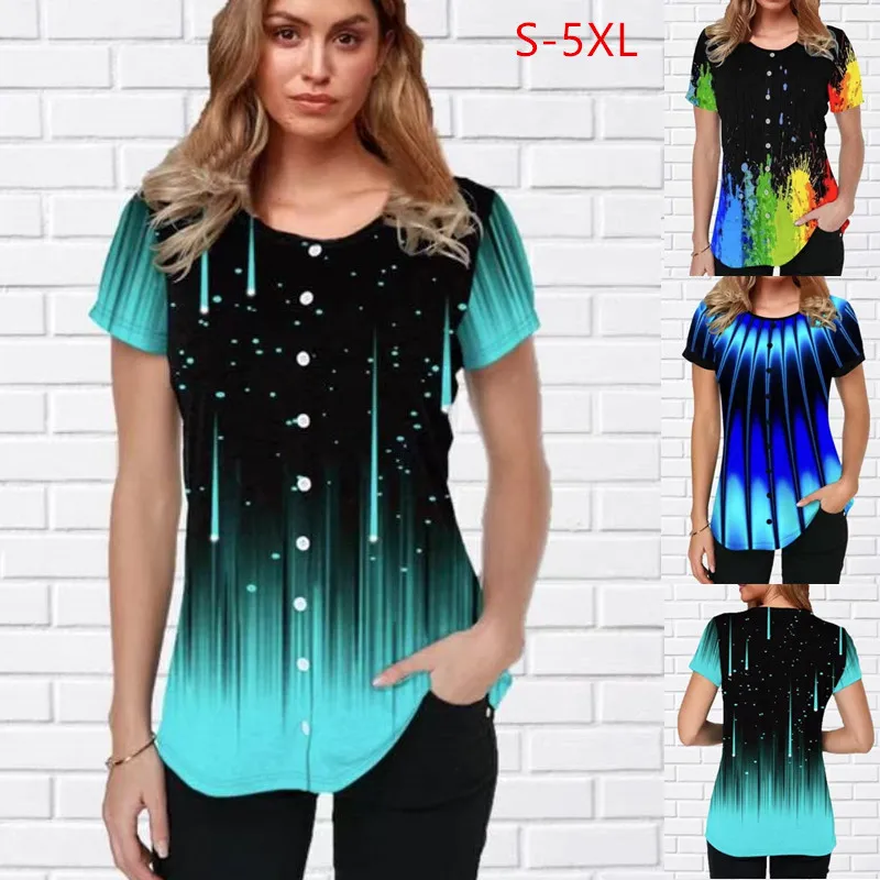 

FZ-162 Spring Summer Women's New Fashion Fancy Blouse Round Neck Printing Casual Short-Sleeved T-Shirt Women, Picture color