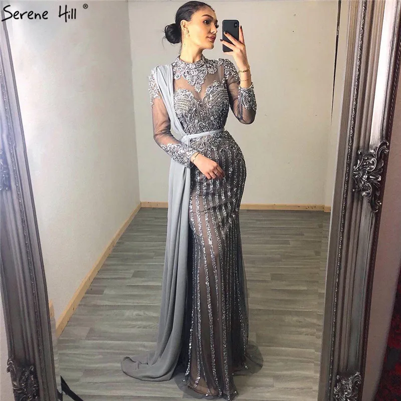 

Grey Full Sleeves Diamond Beading Muslim Formal Evening Dresses 2021 Serene Hill LA70199 Mermaid Long Party Gowns For Women