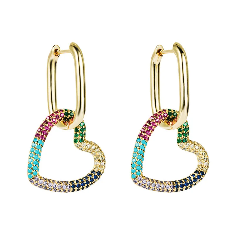 

SC New Arrival Charming 18 K Gold Plated Hoop Earrings Trendy Korean Style Heart Full Diamond Drop Hoop Earrings for Women, Black, green, colorful, white, pink, blue
