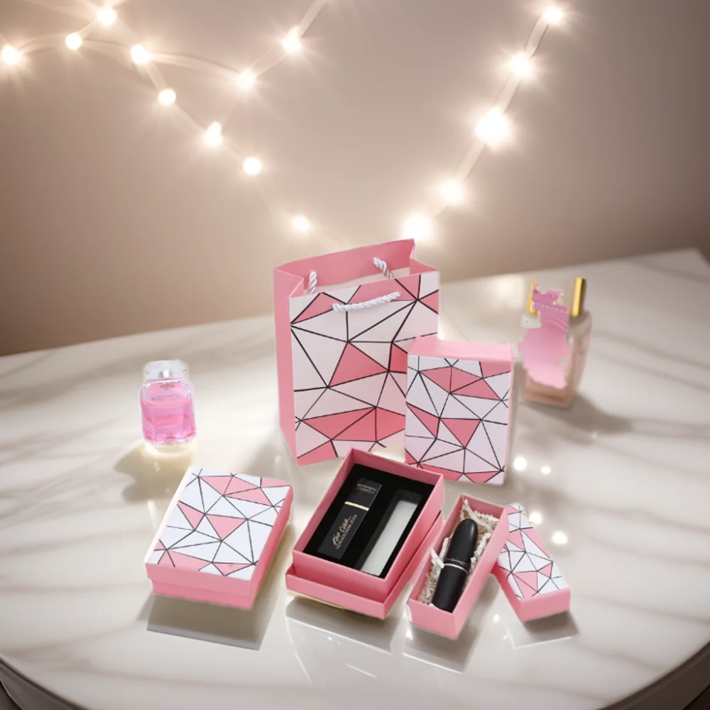 

Pink Lipstick and Essential Oil Gift Box White Plaid Perfume Packaging and Jewelry Display