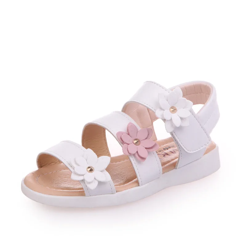 

New Girl Roman Sandals Gladiator Flowers Sweet Soft kids Beach Shoes Children Summer Floral Sandals Princess Fashion Cute shoe, White pink