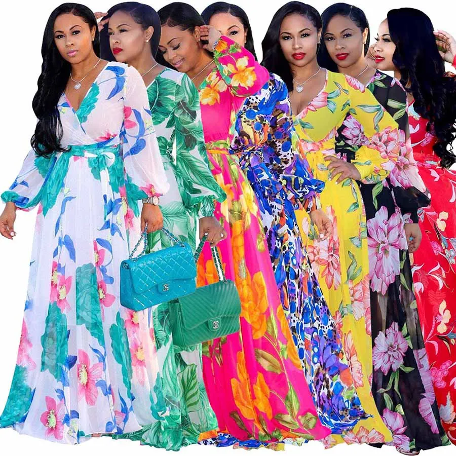 Free Shipping Wholesale Fashion Women Plus Size Maxi Print Dress Long High Quality Summer Beach Chiffon Party Dress