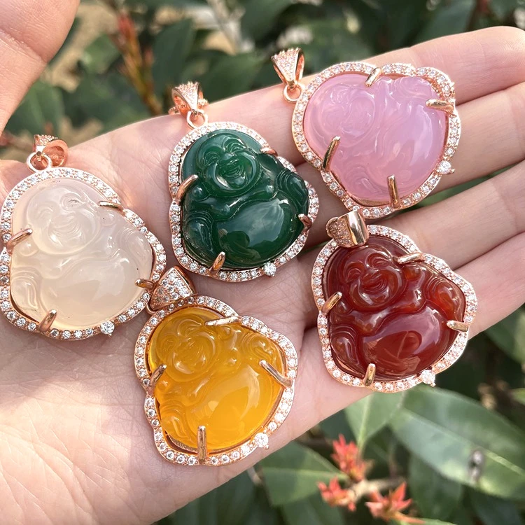 

Stainless Steel Charms Factory wholesale natural Maitreya agate ladies jade big buddha pendant necklace