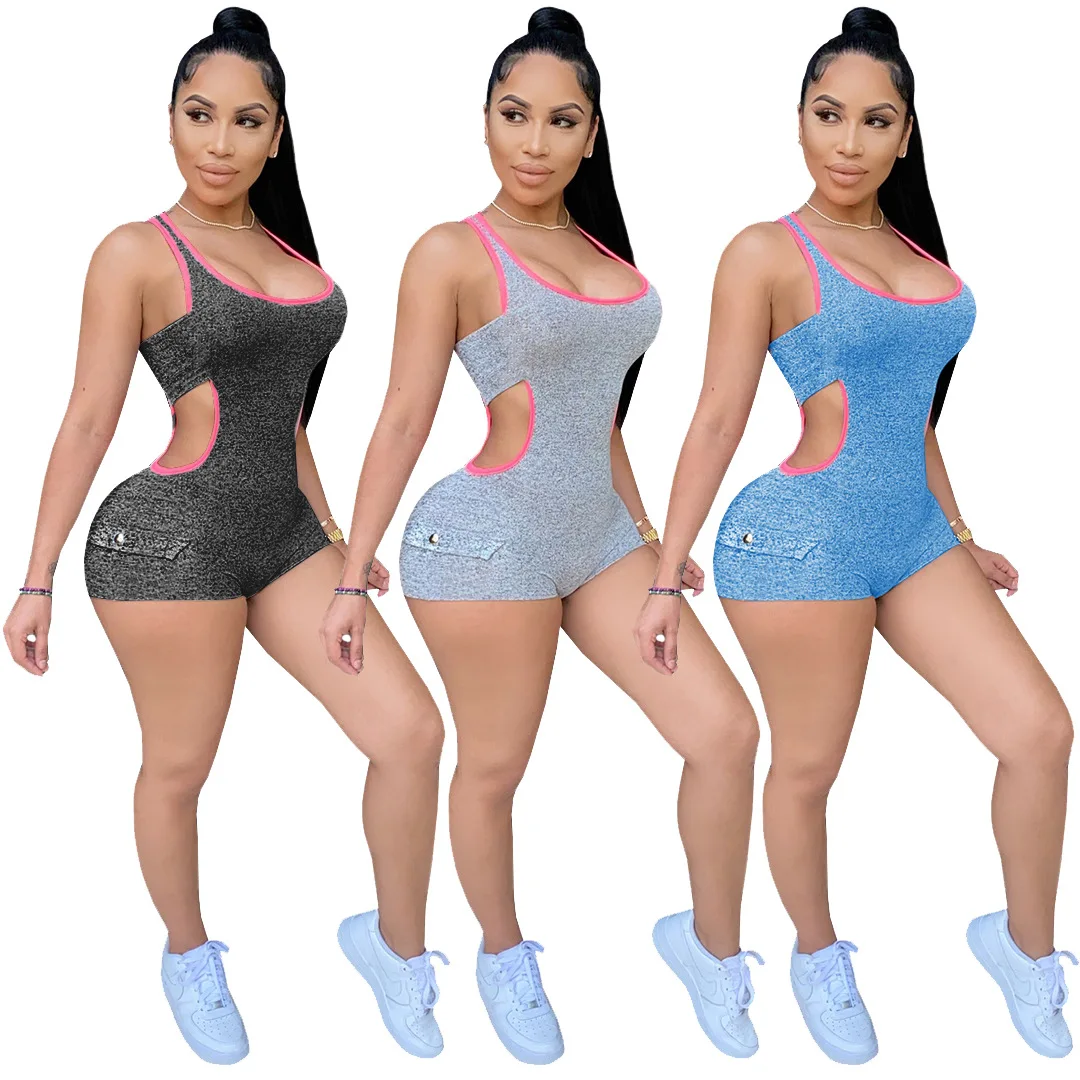 

wholesale 2021 summer vest jumpsuit short bodycon sleeveless new arrived hollowed bodysuit one piece jumpsuit romper, Custom choose