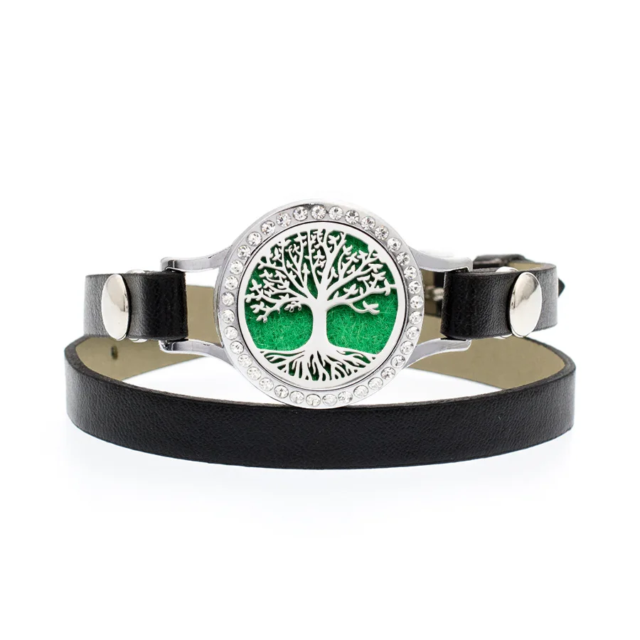 

25mm Stainless Steel Life Tree Crystal Bracelet Aromatherapy Essential Oil Diffuser Leather Locket Bracelet