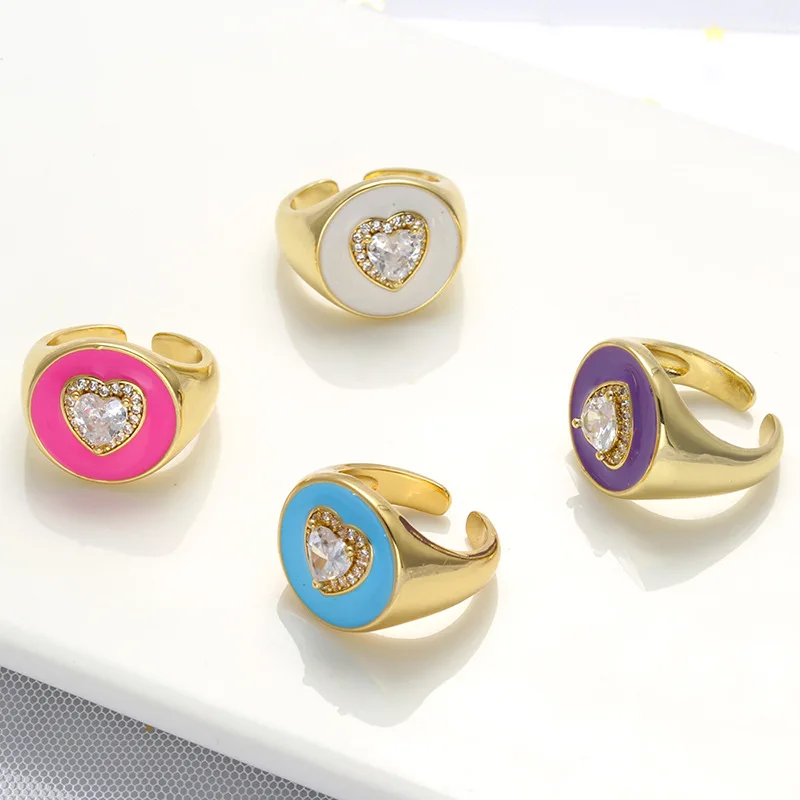 

18k Gold Plating Multicolor Enamel Wide Round Shape Adjustable Finger Ring Zircon Heart Open Finger Rings