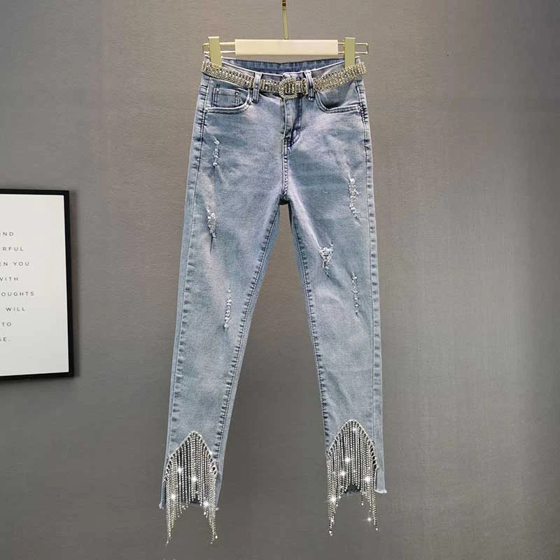 

2021 Summer New Women's High Waist Elastic Rhinestone Tasseled Jeans Pants Female Cropped Skinny Denim Pencil Pants