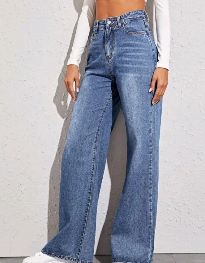 

RX-3068 High quality loose womens jeans with button high waist solid wide leg jeans zipper fly cotton women's jeans, As picture shows or customized color