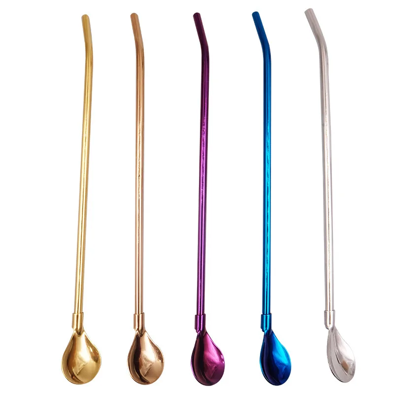 

H664 Bar Accessories Coffee Milk Tea Stir Long Handle Mixing Spoon Multi Colour Stainless Steel 2 In 1 Straw Spoon