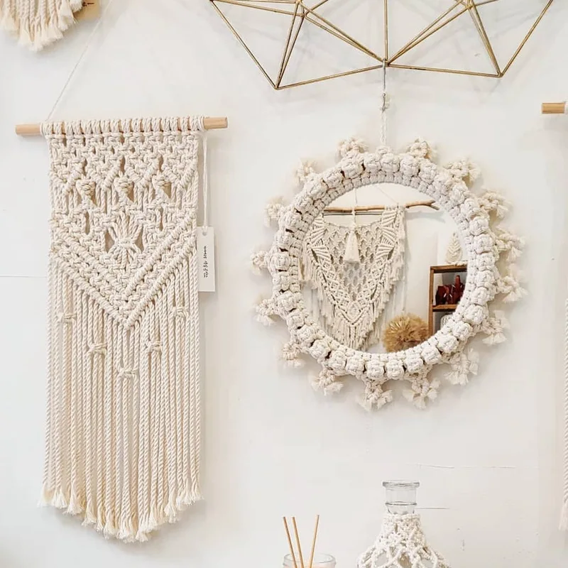 

Custom Hanging Wall Handmade Tapestry Round Makeup Decorative Macrame Mirror with Fringe