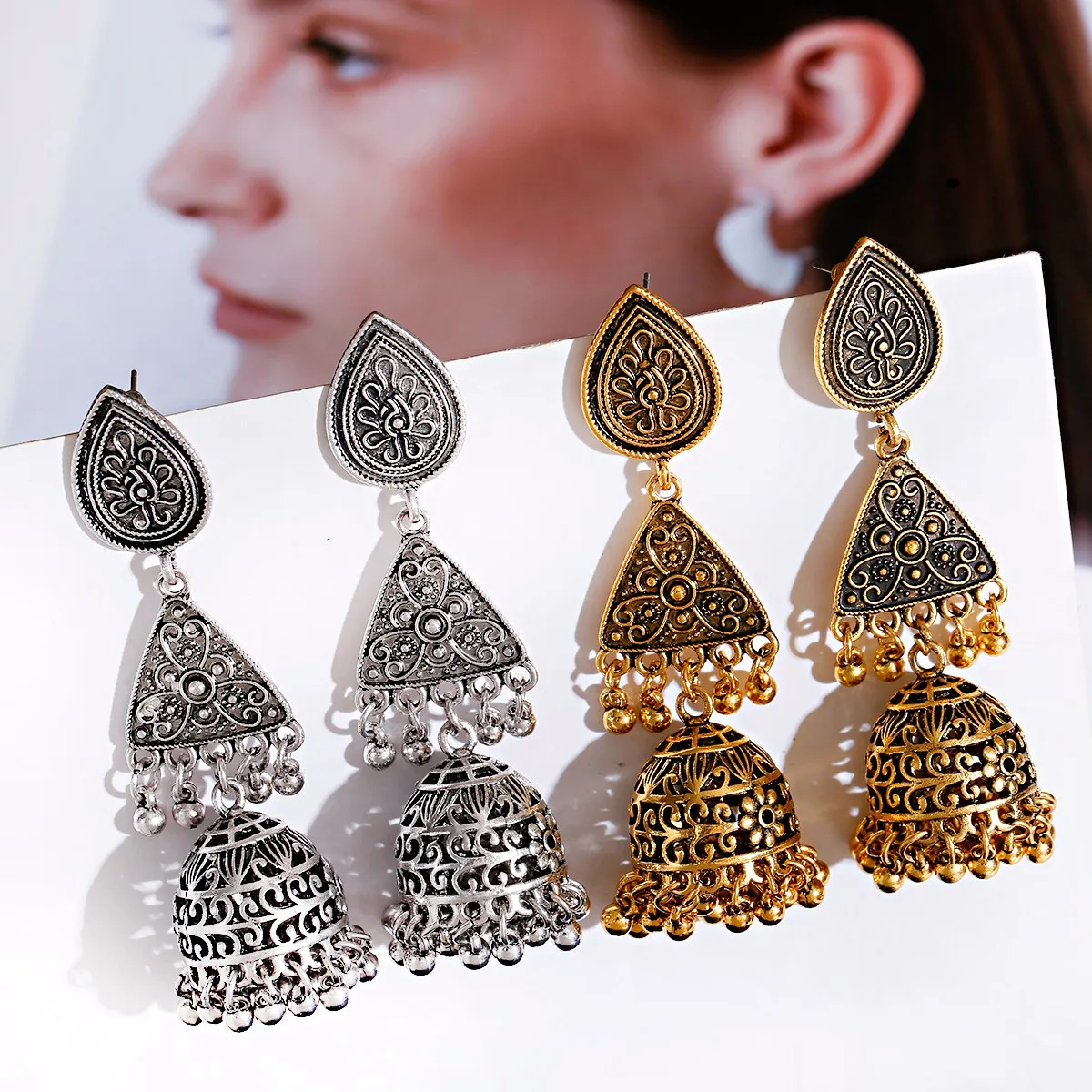 

2021 Female Big Golden Silver Indian Earrings Jhumka Vintage Earrings Triangles Drop Bells Tassel Palace Earrings, Gold/silver