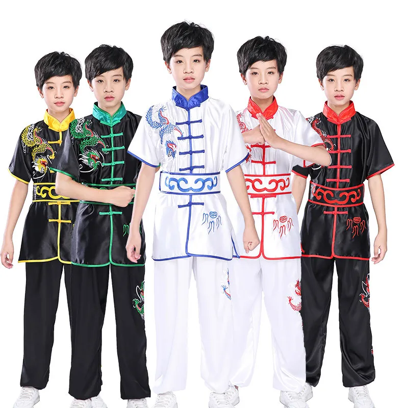 Chinese Dragon Fu Dress Colorful Cloud Embroidery Performance Short Sleeve Training Student Competition Costume
