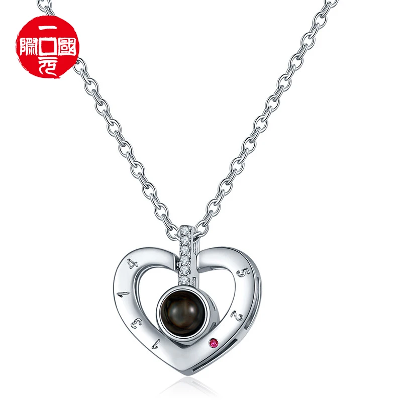 

Women Rhinestone Jewelry Accessories 100 languages I Love You Romantic Memory Chip Heart Shaped Pendant Necklace Silver 925