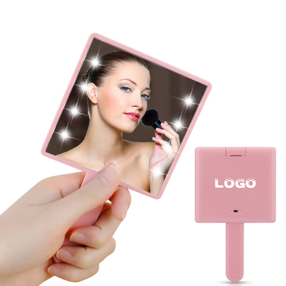 

Free Shipping Wholesale Pink Vanity Lovely Square Custom Logo Private Label Makeup Mirror Handheld Hand Mirror With Led Lights