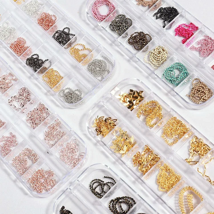 

12pcs/box New Nails Jewelry Small Chain Gold Silver DIY Decorative Nail Stickers Metal Chain Nail Accessories, Multi color