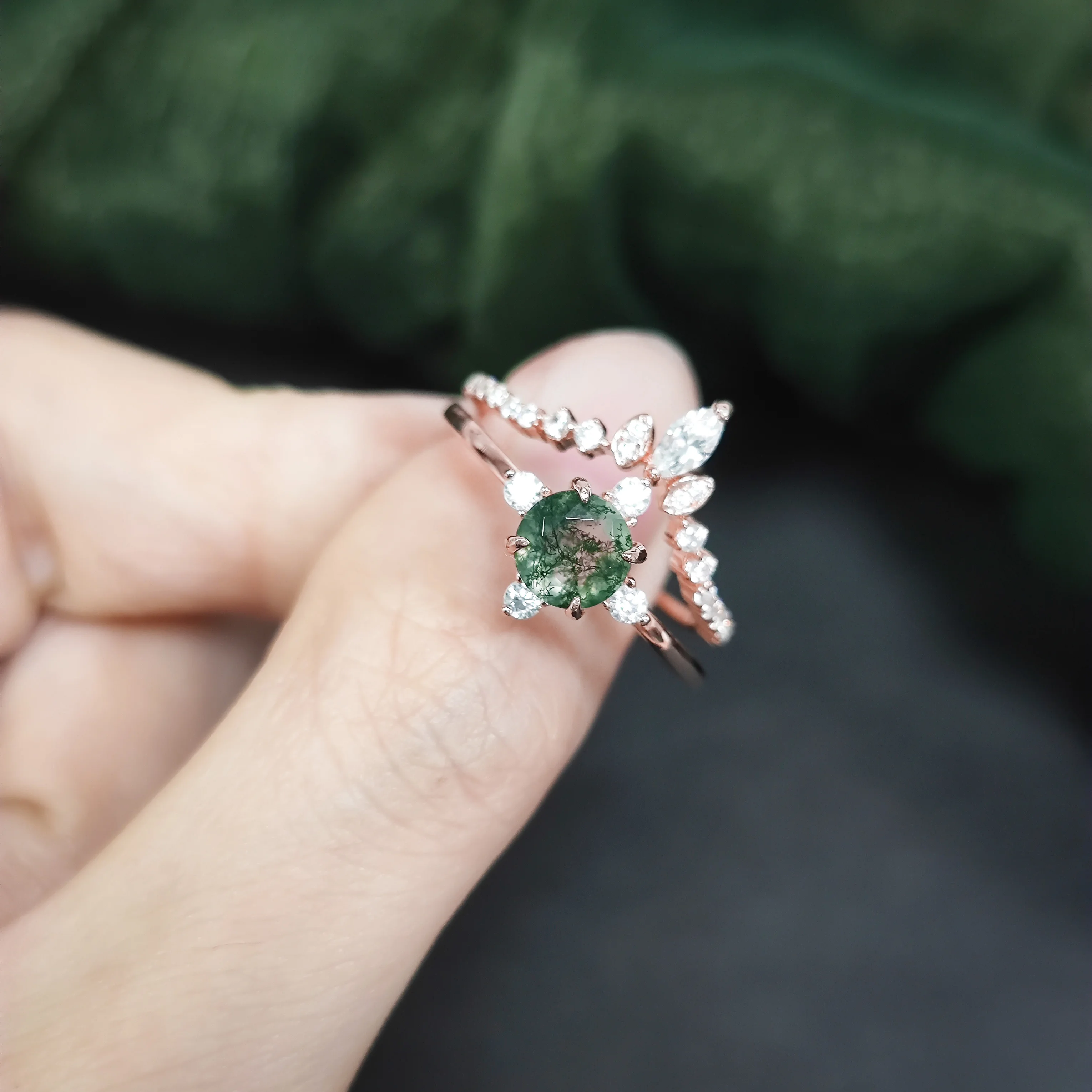 

Abiding Good Plating Polishing Women 925 Sterling Silver Green Moss Agate Cute 14K Rose Gold Plated Ring Set for Girls