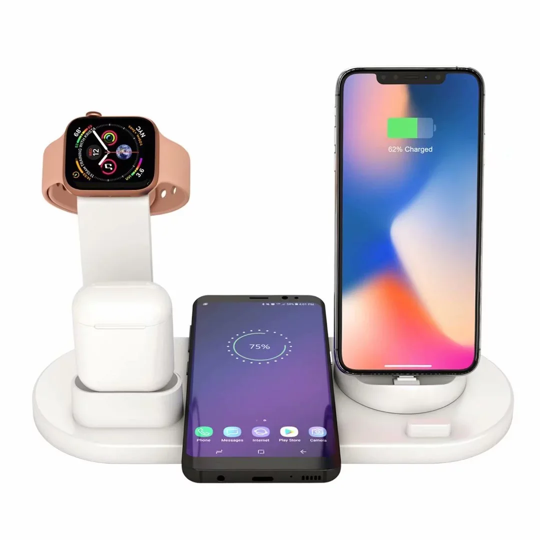 

2021 6 in 1 Wireless Charger Dock Station for iPhone/Android/Type-C USB Phones 10W Qi Fast Charging For Apple Watch AirPods Pro