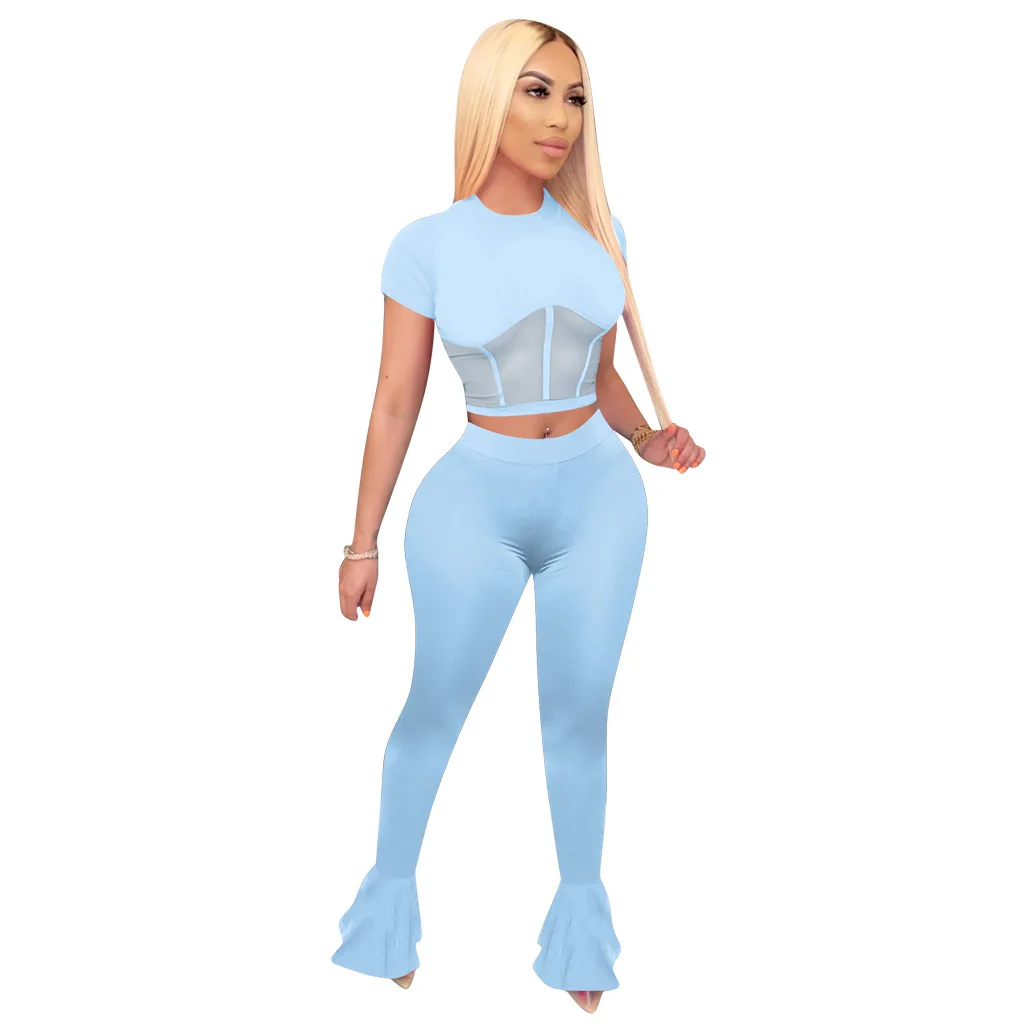 

Summer outfits for women 2021 Sexy Womens 2 Pieces Outfit Short Sleeve Wide Leg Bell Bottom Flare Pants Two Piece Set Clothing, Picture shows