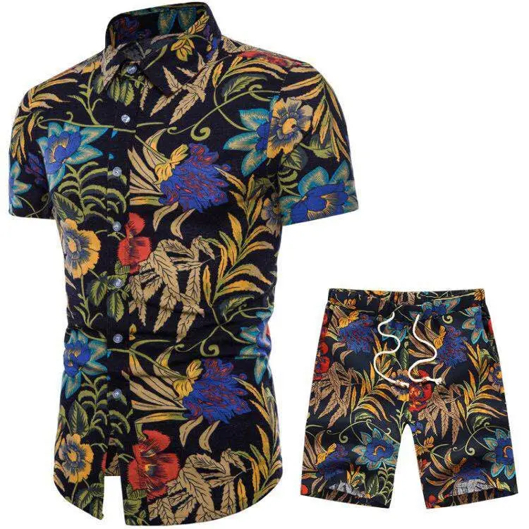

Summer Hot Sale New Print Wholesale Beach Style Mens Shirts And Shorts Color Matching Sets In Plus Size, Custom colors fabric