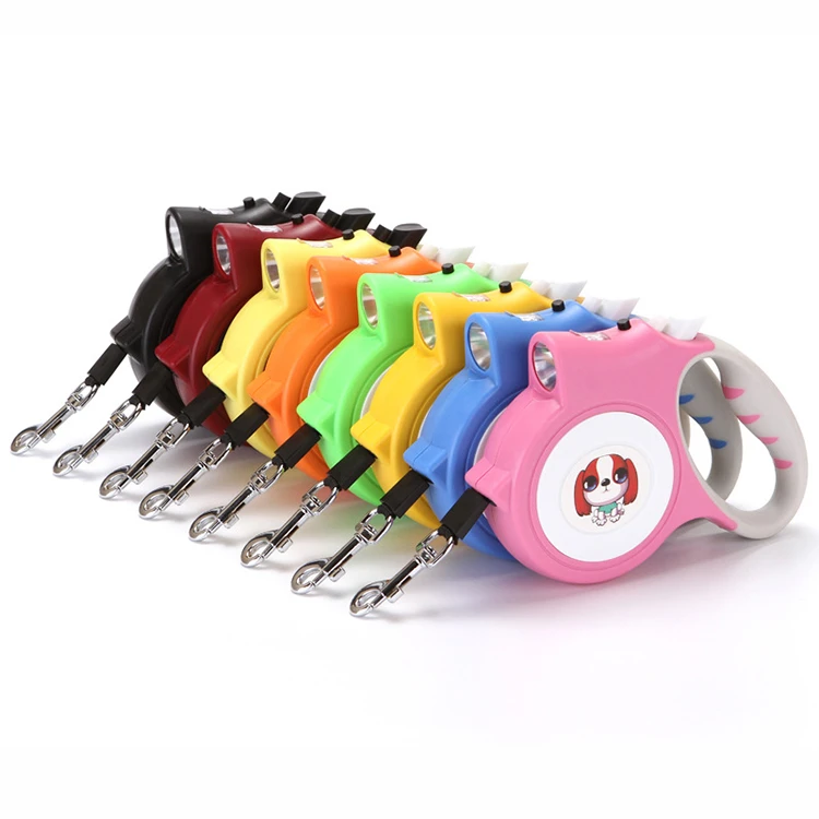 

Wholesale Customize brand LED retractable dog leash automatic pet leash with flashlight, Blue/red/black/pink/orange/yrlloe